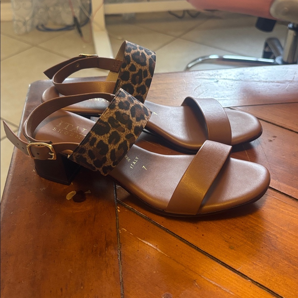 Italian Shoemakers Brown Sandals with Leopard Ankle Strap